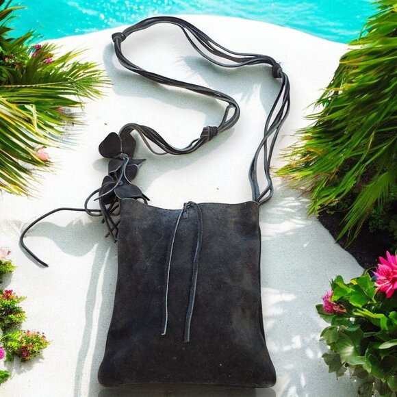 Lord & Taylor Handbags - Lord & Taylor Black Suede Leather Cross-body Bag Floral Petal Cut-Out Embellishm